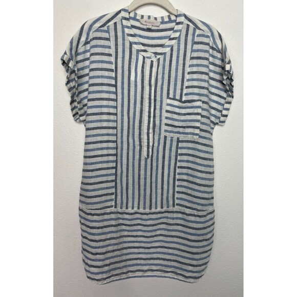Two by Vince Camuto Medium Woven Striped Tunic Top Blue Linen Cuffed Cap Sleeve - Picture 3 of 12